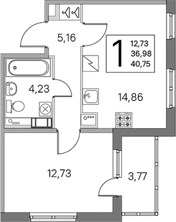 1-комнатная квартира 36.98 м², 3/5 эт., ЖК «ЮгТаун. Олимпийские кварталы»